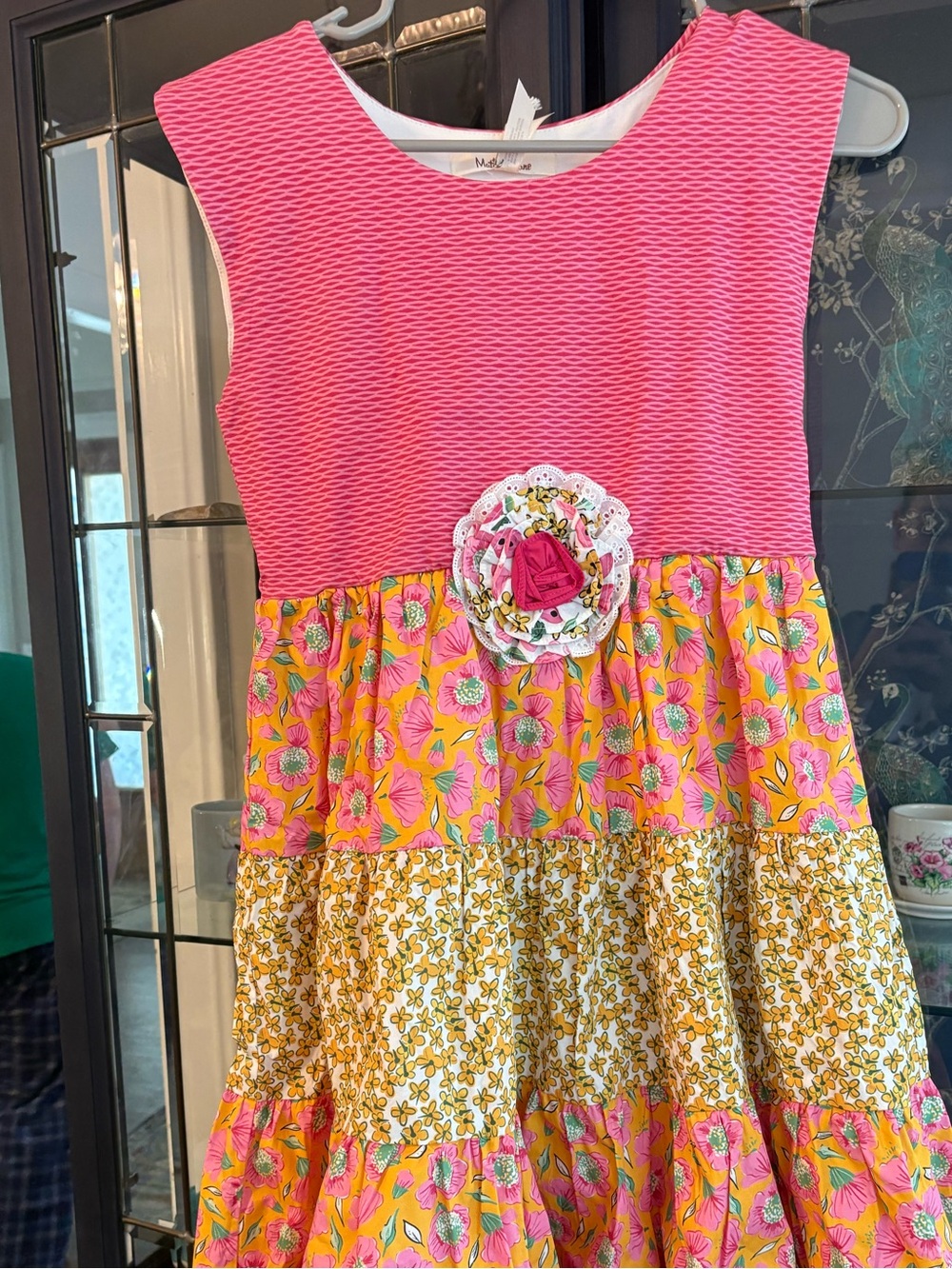Matilda Jane Pink and Yellow Floral Tiered Dress with Rosette Accent